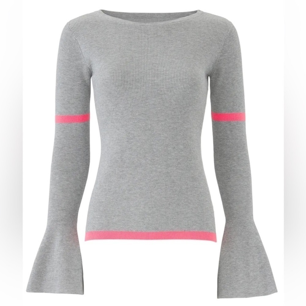 SLATE & WILLOW Grey Bell Sleeve Sweater Pink Stripe Detail Cotton Size Small